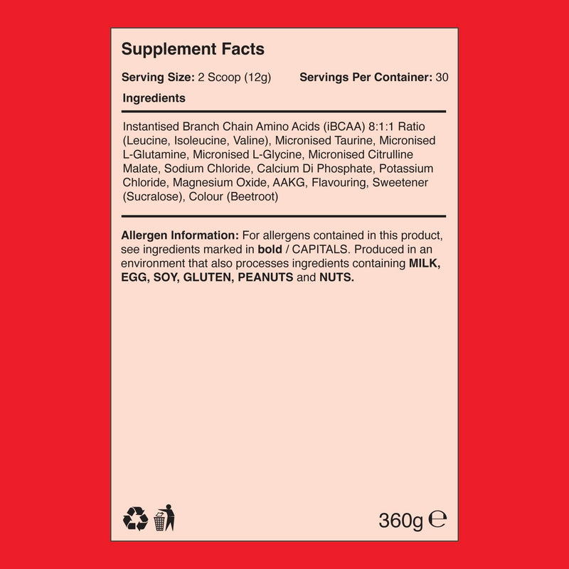 Warrior Aminos + Electrolyte Powder 360g - Amino Acid (BCAA) Hydration Formula for Performance & Recovery - Supplement for Intra or Post Workout - 30 Servings (Wicked Watermelon) Wicked Watermelon