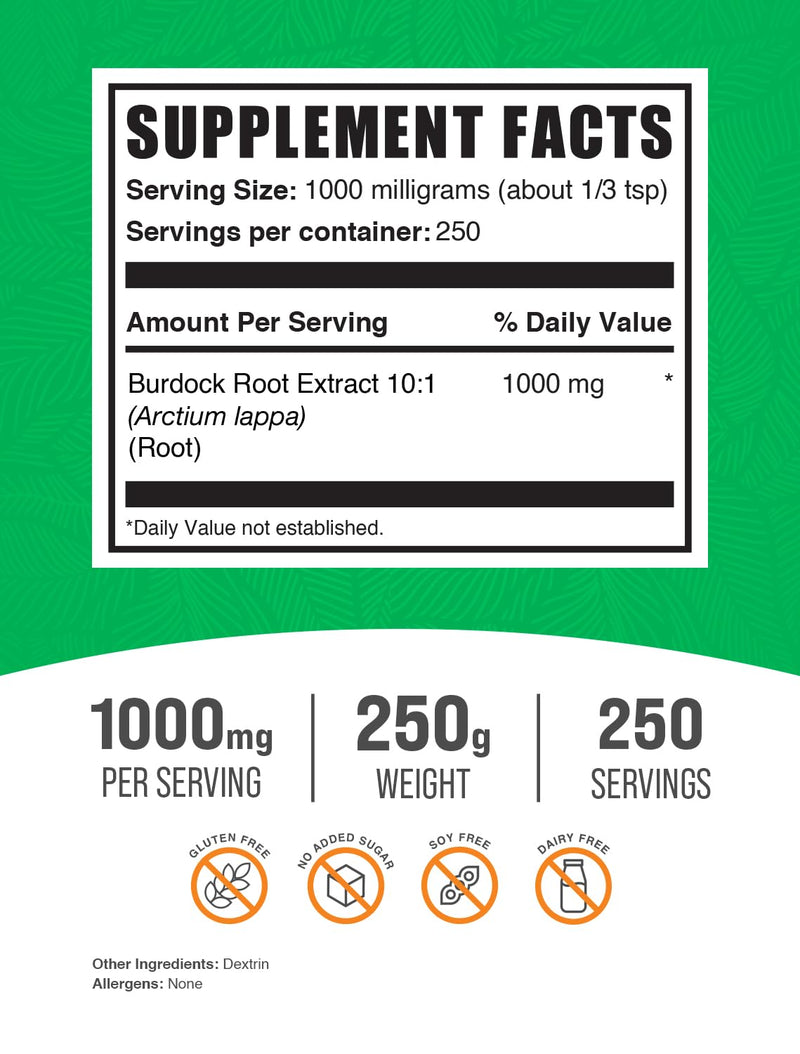 BulkSupplements.com Burdock Root Extract Powder - Burdock Root Supplement, Burdock Root Powder - Herbal Supplement, Gluten Free, 1000mg per Serving, 250g (8.8 oz) (Pack of 1) 8.75 Ounce (Pack of 1)