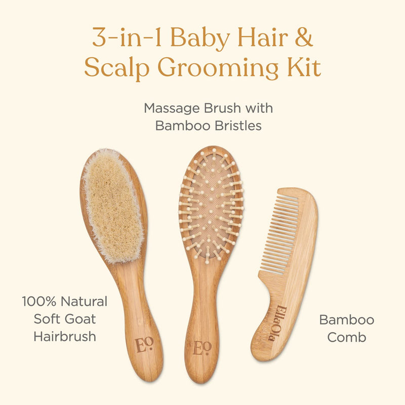 [Australia] - Natural Bamboo Hair Brush & Comb Set, 3 Piece - Cradle Cap Brush, Massage Hair Brush, Bamboo Comb for Toddlers, Newborns & Infants I Baby Registry Gift 