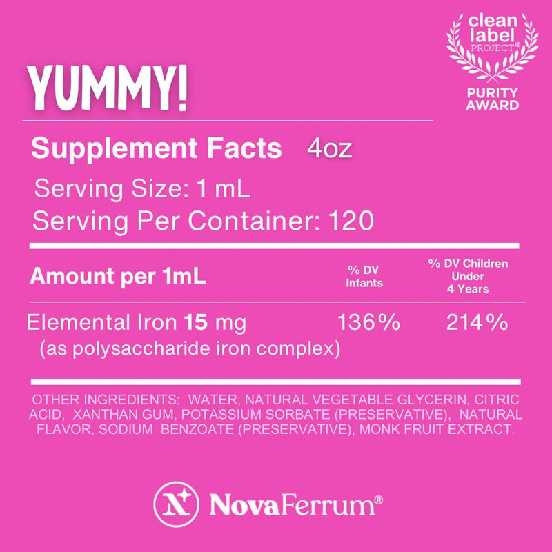 NovaFerrum Yummy | Pediatric Drops Liquid Iron Supplement for Infants and Toddlers | Liquid Iron for Kids | 15mg of Iron Per 1mL Dose | Ages 4 & Under | Gluten Free Certified | Sugar-Free | Raspberry 4 Fl Oz (Pack of 1)