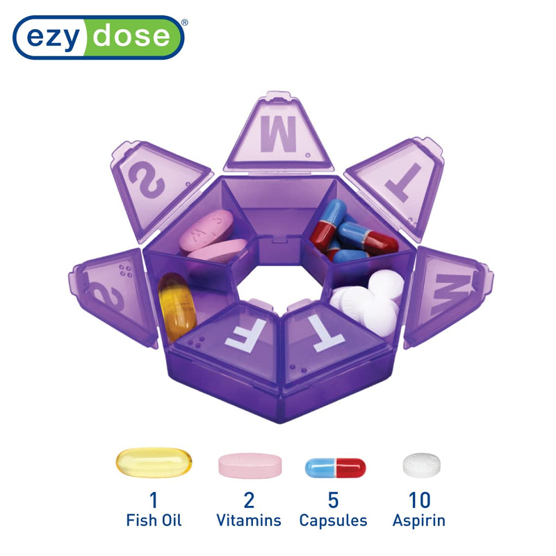 Ezy Dose Weekly (7-Day) Pill Organizer, 7-Sided Medicine Planner, Purple | Compact Daily Round Vitamin & Supplement Medicine Case, Convenient and Easy to Use, Travel-Friendly Container, BPA-Free
