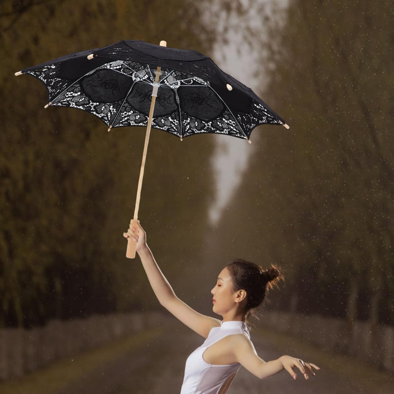 Toyvian Bridal Wedding Lace Parasol: 25.35 Inches White Lace Umbrella Women Vintage Umbrellas Handmade Boho Parasol with Black