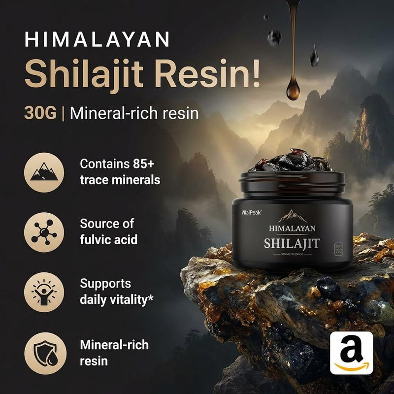 Pure Himalayan Shilajit Resin – 100% Natural Energy + Mineral Supplement – 500 mg Daily Dose – 85+ Trace Minerals + Fulvic Acid – Natural Vitality Enhancer 30G