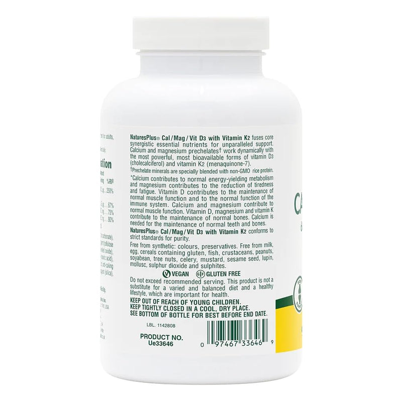 NaturesPlus Calcium, Magnesium, VIT D3 with K2 - Bone Supplement with Calcium, Magnesium, Vitamin D3 and K2 - Vegan, Gluten Free - 90 Tablets 90 count (Pack of 1)