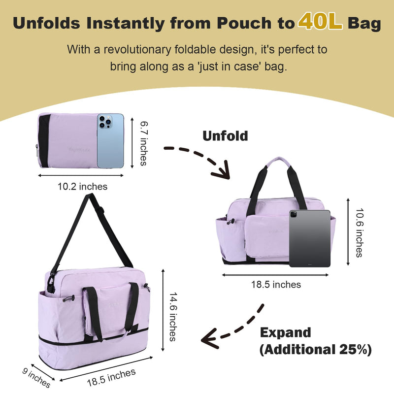 Foldable & Expandable Personal Item Travel Bag,Purple | Waterproof ,Wet-Dry Compartment ,Luggage Sleeve,Detachable Crossbody Strap,Carry on Bag,Weekender Bag,Women,Gym,Overnight Bag Purple