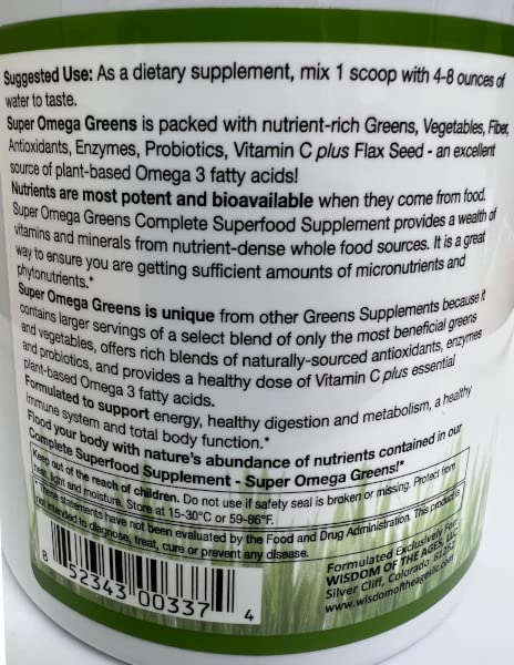 Super Omega Greens Complete Superfood Supplement with Greens, Vegetables, Flax, Fiber, Antioxidants, Enzymes, Probiotics, Vitamin C and Omega 3-7.9oz Powder