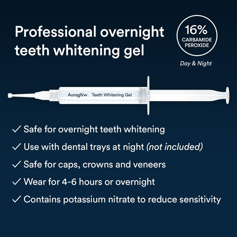 [Australia] - Auraglow 16% Overnight Teeth Whitening Gel Syringe Refills, 16% Carbamide Peroxide, Overnight Teeth Whitening Gel, 30 Whitening Treatments, (3) 5mL Whitening Gel Syringes, Contains Potassium Nitrate 