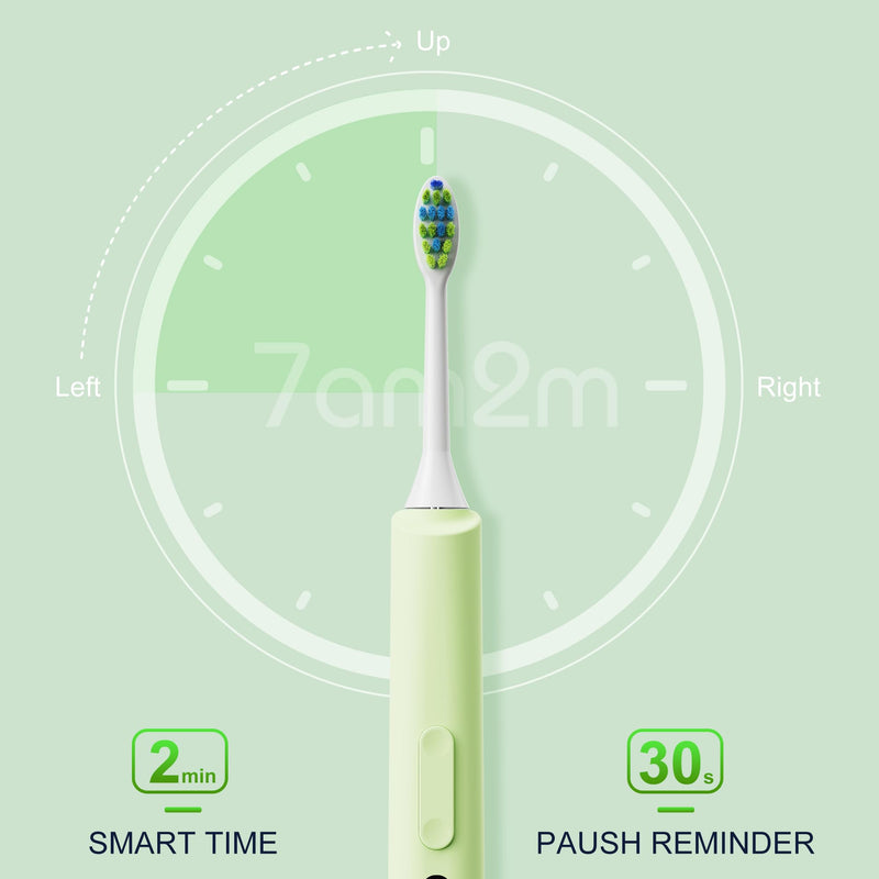 7AM2M Sonic Electric Toothbrush, High Power Rechargeable Toothbrushes, 5 Modes with 2 Minutes Built in Smart Timer, with 4 Brush Heads for Adults and Kids, One Charge for 60 Days (Green) Green