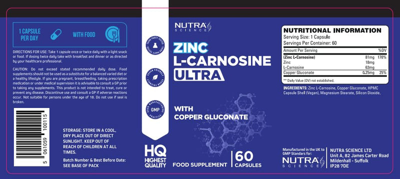 Zinc L-Carnosine Ultra – High Strength 81MG Zinc L Carnosine + Copper – Digestive & Gastric Support Zinc Supplement – 60 Vegan Capsules