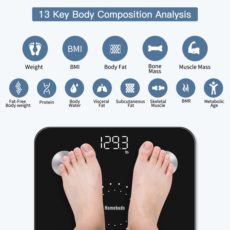 [Australia] - Homebuds Digital Bathroom Scale for Body Weight and Body Fat, Weighing Professional Since 2001, Body Composition Monitor Professional for BMI Fat Water Muscle with App, 400lb, Black Smart Scale Black 
