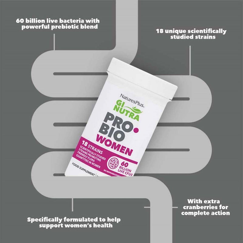 NaturesPlus GI Nutra Pro Bio Women - 18 Science Backed Strains for Women Flora with Cranberries and Prebiotics - One a Day, Vegan, Gluten Free - 30 Capsules
