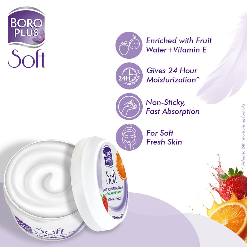 BOROPLUS Light Moisturizing Cream with Vitamin E | Lightweight Moisturizer for Face, Hands & Body | Soothes, Nourishes & Softens Dry Skin | Gives 24-Hour Moisturization | 3.38 Fl Oz (100ml)