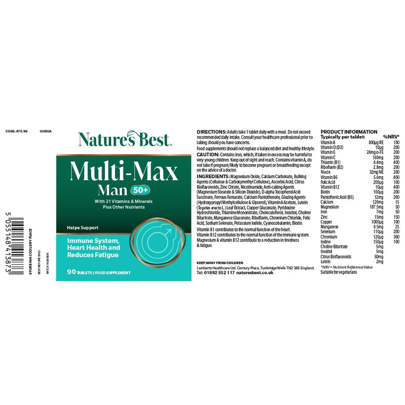 Nature's Best Multi-Max Man 50+ Multivitamin - Targeted Support with Vitamin D, B and Magnesium for Energy & Cognitive Health for Men Over 50 - UK Made - 90 Tablets (3 Months' Supply)