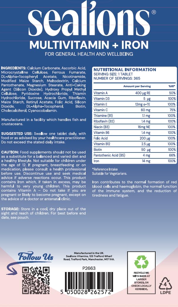 Sealions Multivitamin + Iron | 365 High Strength Vegetarian Tablets | Immunity Support, Energy Production & Reduce Tiredness | Up to 1 Year Supply