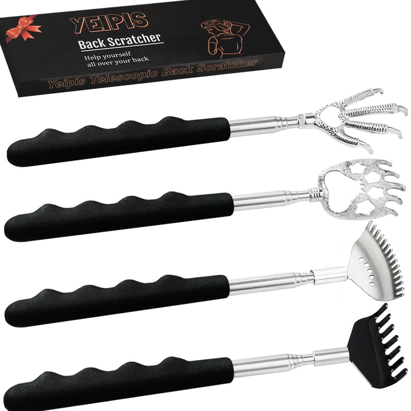 [Australia] - 4Pcs Different Back Scratcher Extendable Back Massager Tool with Rubber Handles, Metal Portable Telescoping Back Scratcher, Stocking Stuffers for Men Women Kids Adults (Black) 