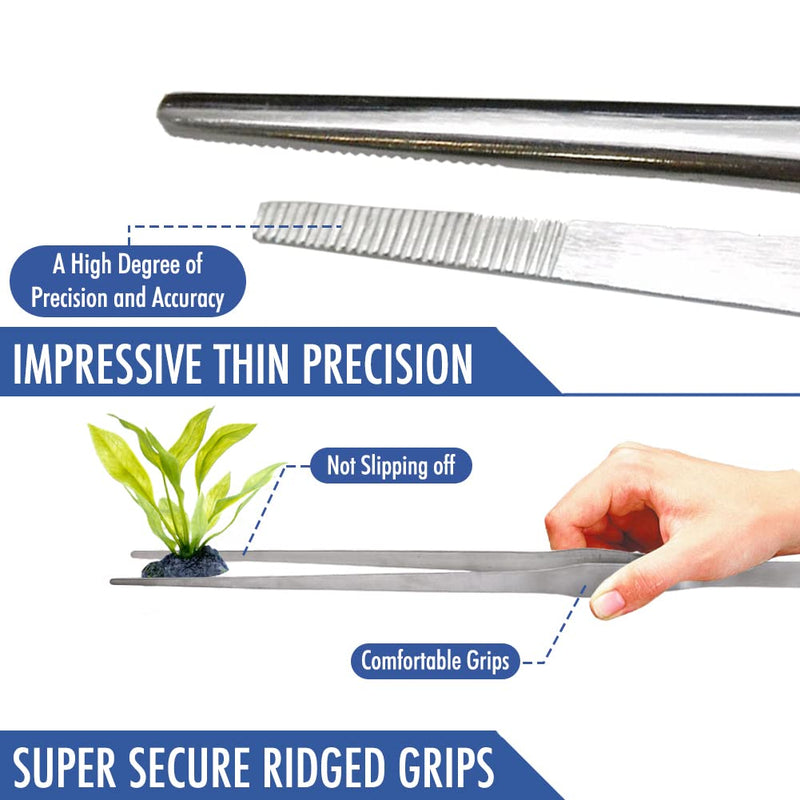 Comfecto 15 Inch Extra Long Tweezers Stainless Steel Straight Serrated Tip, Non Slip Reptile Feeding Tweezer Tongs Tool for Aquarium Aquascaping Cooking Straight Tip - 15"
