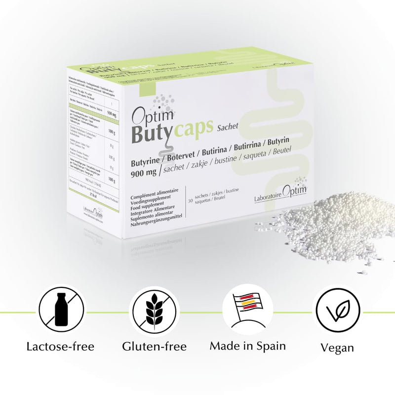 OPTIM Butycaps Butyrate Supplement UK for Gut Health | 30 sachets with microencapsulated Tributyrin 900mg | butyric Acid Postbiotic | Leaky Gut Repair, Debloat, Colon