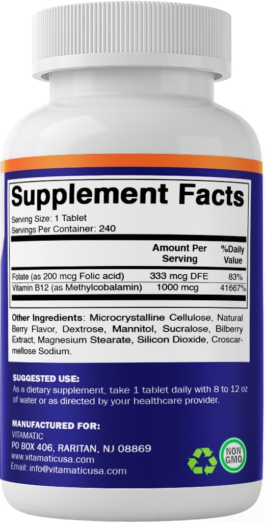 Vitamatic Methyl B12 1000 mcg with Folic Acid – Natural Berry Flavor – 240 Fast Dissolve Tablets – Methylcobalamin Vitamin B12 for Energy & Nervous System Support – Vegan & Non-GMO Supplement