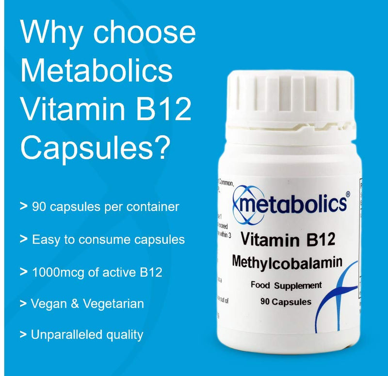 Vitamin B12 Methylcobalamin 1000mcg by Metabolics — Vitamin B12 Supplement Containing Only Methylcobalamin — Contributes to the Reduction of Tiredness & Fatigue | Additive Free