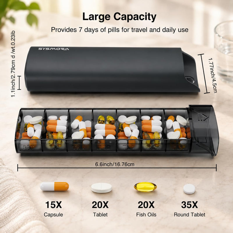 Silicone Pill Organizer 7 Compartments Shockproof Pill Case for Purse, Portable Travel Pill Box for Vitamin & Medication, Soft Supplement Organizer, Small Pill Container for Pocket (Black) Black