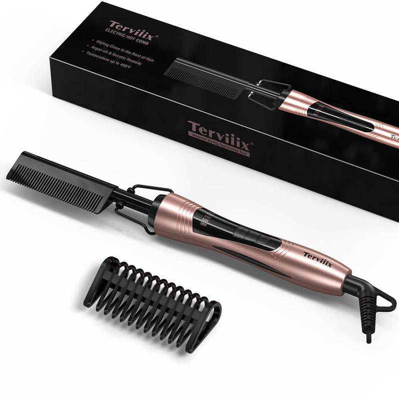 Terviiix Electric Hot Comb for Lace Front Wigs, Pressing Combs for Black Women Hair, Anti-Scald Straightening Comb with Keratin & Argan Oil Infused Teeth, Temperatures Adjustable, 60 Min Auto Shut Off Rose Gold
