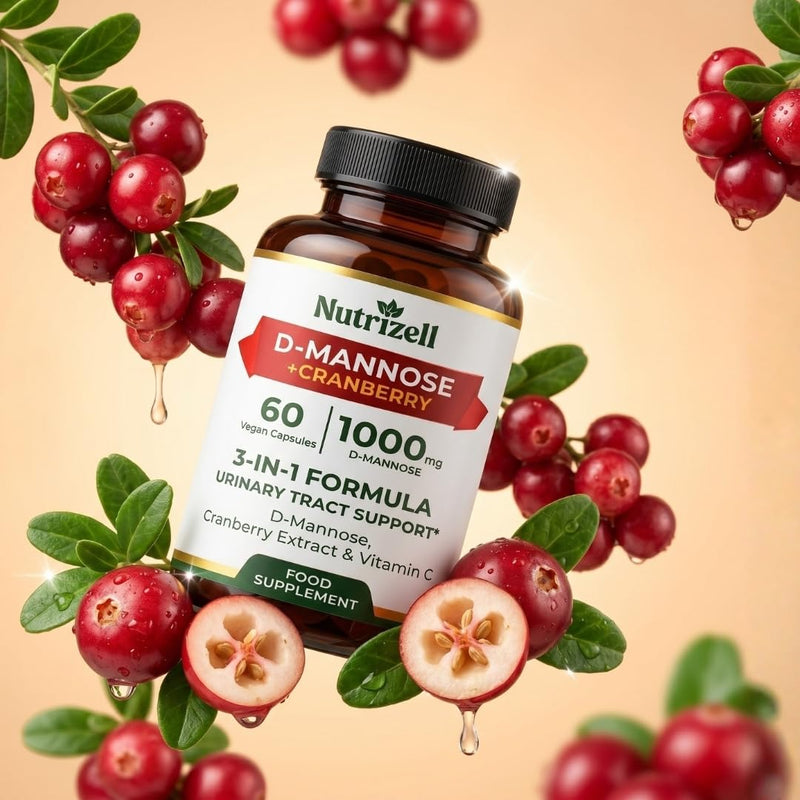 D-Mannose Cranberry 1000mg – 60 Vegan Capsules | 3-in-1 Formula with Vitamin C | Urinary Tract Support Supplement for Women & Men