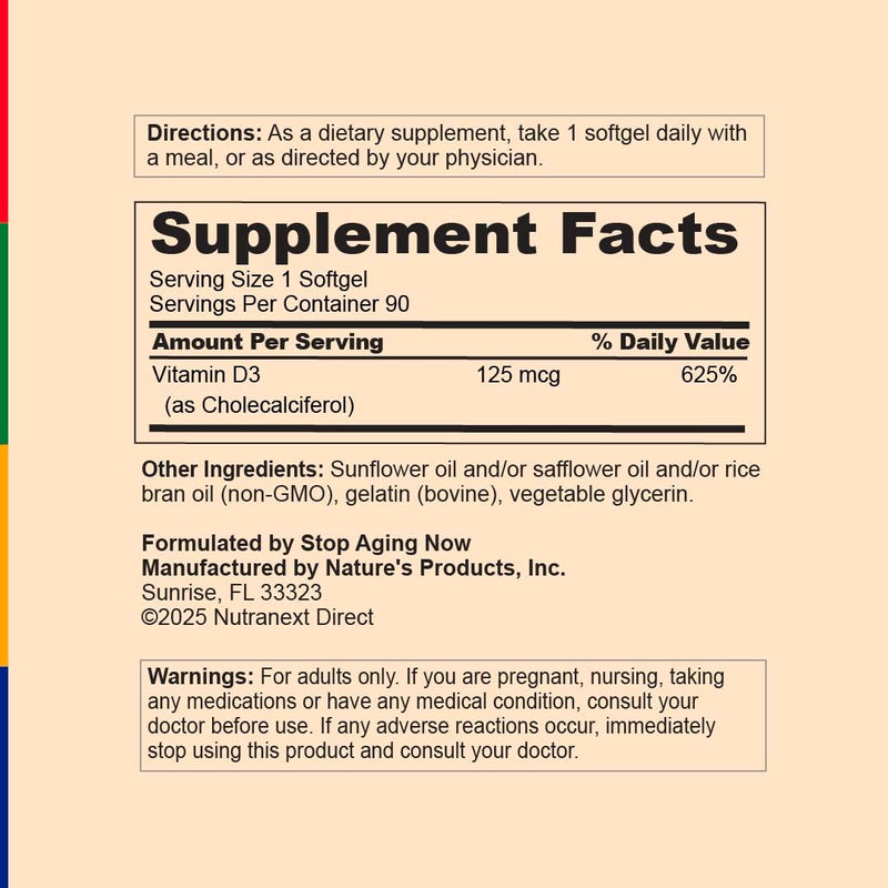 Stop Aging Now - D-Pure Vitamin D3 Supplement (5000 IU) Softgels- 90 Count