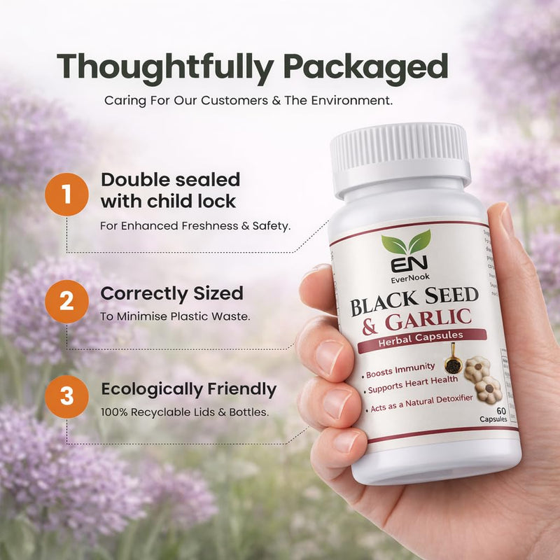 Black Seed & Garlic Capsules 500mg – 60 Vegetarian Capsules – Nigella Sativa & Garlic Powder Supplement – Natural Antioxidant Herbal Supplement – Supports Immunity, Heart Health & Detox