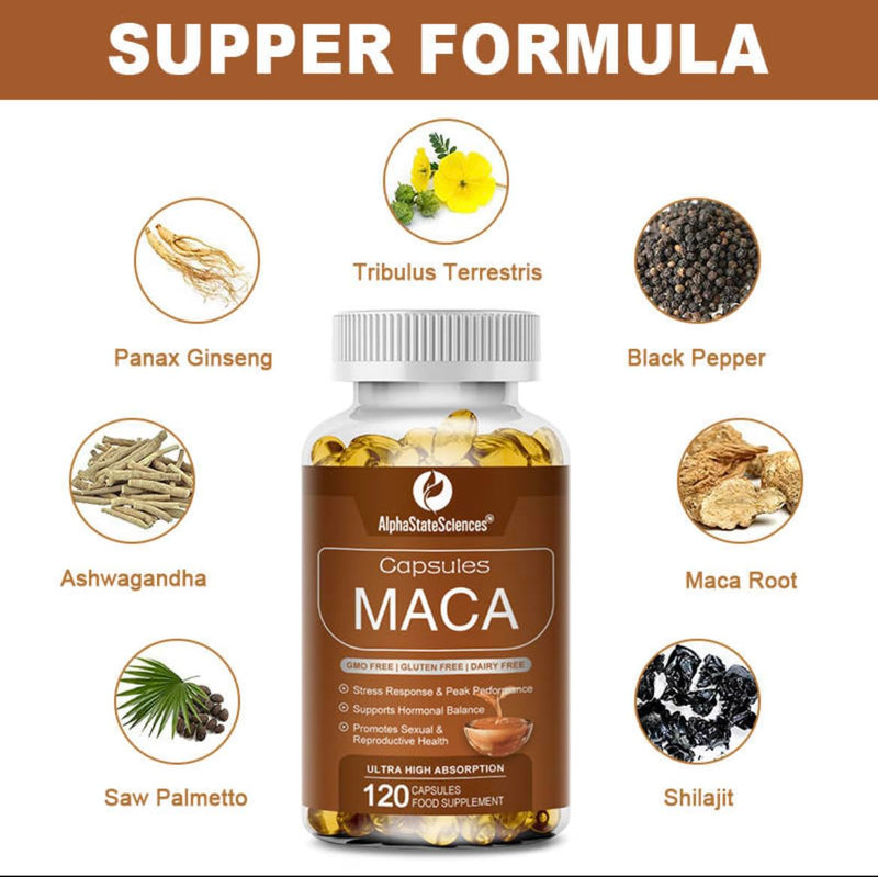 Premium Blend - Maca Root 6000mg, Ashwaghanda 500mg, and More - Energize, Boost Vatality, and Enhance Well Being 120 Capsules - 2months Supply