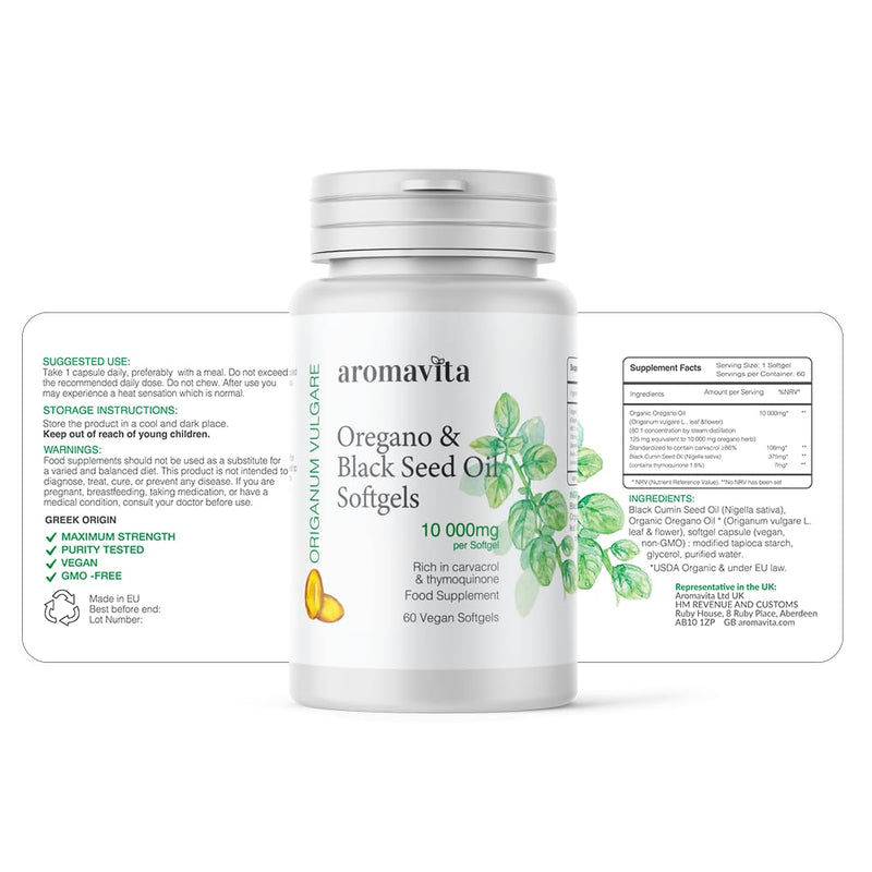 2in1 Oregano & Black Seed Oil Softgels – 108mg Carvacrol & 375 mg Thymoquinone – Organic, Vegan, Non-GMO – Wellness Support – 60 Capsules