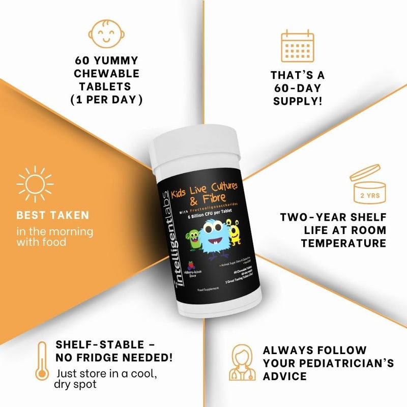 Intelligent Labs 6 Billion CFU Kids/Children's Live Cultures and Fiber with PHGG & FOS, Once-Daily Chewable, Great Taste, 10x Effectiveness, 60-Day Supply, Third-Party Verified