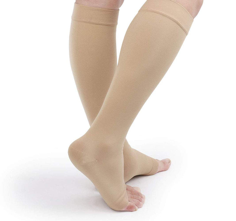 TOFLY® 30-40mmHg Medical Graduated Compression Socks for Men & Women, Open Toe Knee High Compression Socks,Firm Support for Circulation Recovery,Shin Splints,Varicose Veins,Edema,Nursing, Beige M Medium 30-40mmhg Open-toe Beige