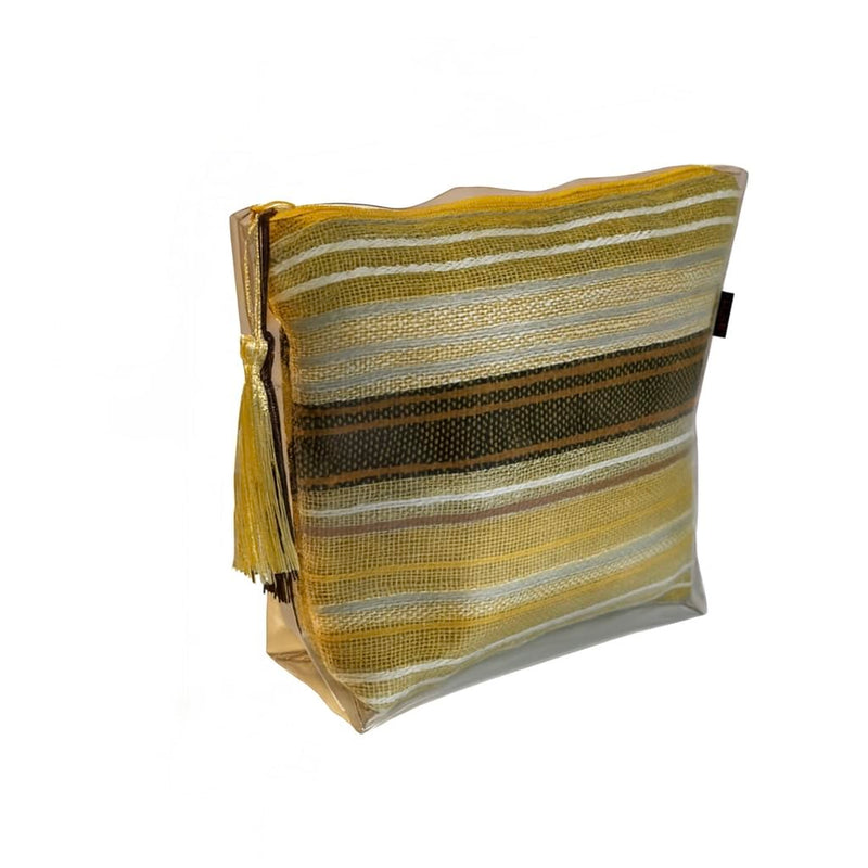 Handmade Woven Cosmetic Bag with Clear Vinyl Cover, Yellow Stripes, Zippered Pouch with Dual Tassel, Water-Resistant Lining