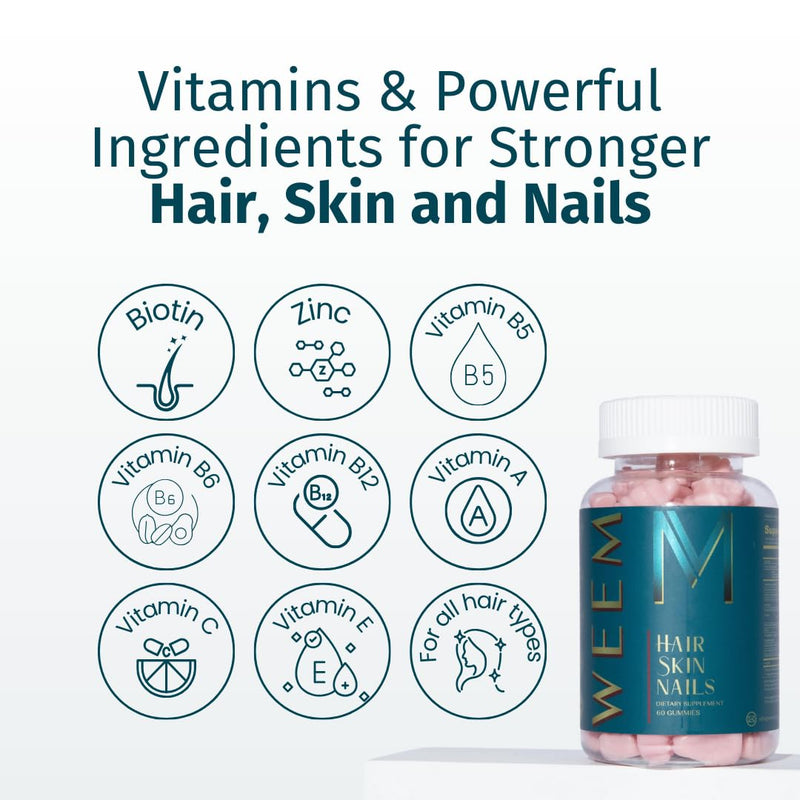 WEEM Hair Skin and Nails Gummies - Supports Healthy Hair - Vegan biotin Vitamins for Women & Men Supports Faster Hair Growth, Stronger Nails, Healthy Skin, Extra Strength (1) 1