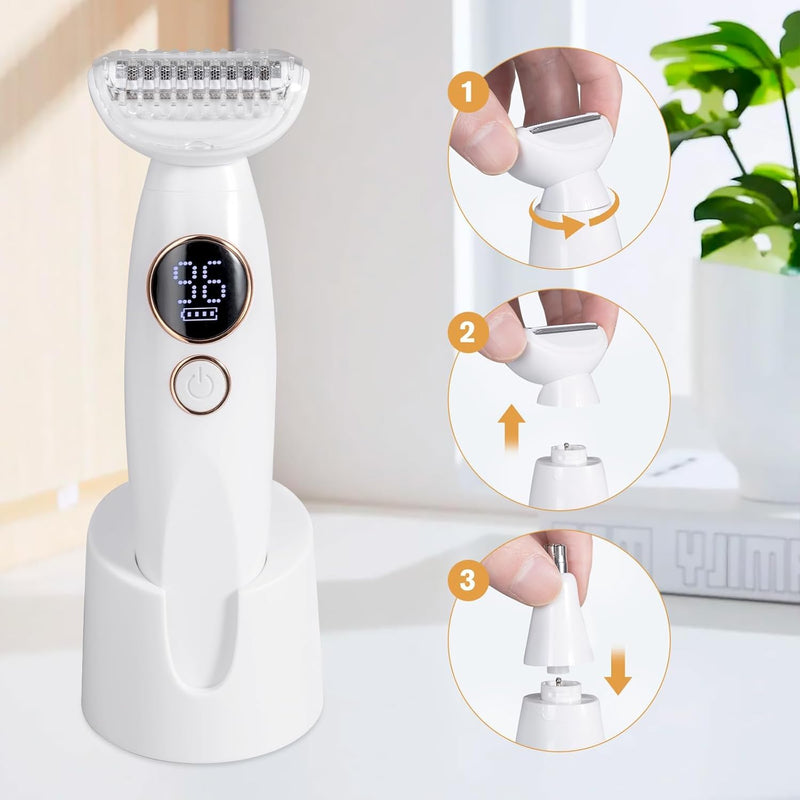 Bikini Trimmer for Women, Electric Razors for Silk Skin 5-in-1, IPX7 Waterproof, USB Rechargeable, Electric Razors for Women for Face, Eyebrows, Body, Bikini Zone with Charging Station