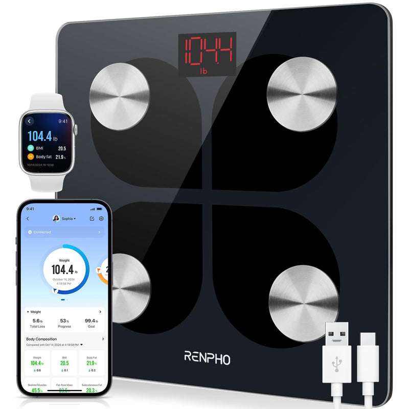 [Australia] - RENPHO body fat scales, Bluetooth personal scales, USB rechargeable body analysis scales with app, smart body scales for body fat, BMI, weight, muscle mass, water, protein color block 