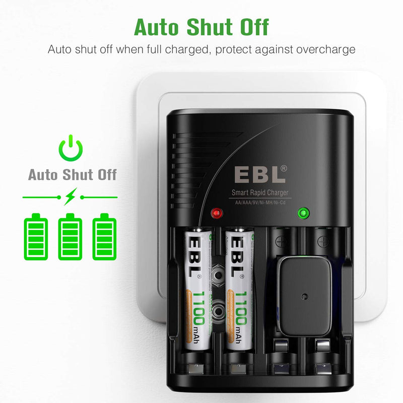 EBL Rechargeable AAA Batteries, 4-Pack Triple AAA Battery and AA AAA Battery Charger with Foldable AC Power Plug 4 AAA Battery + Charger