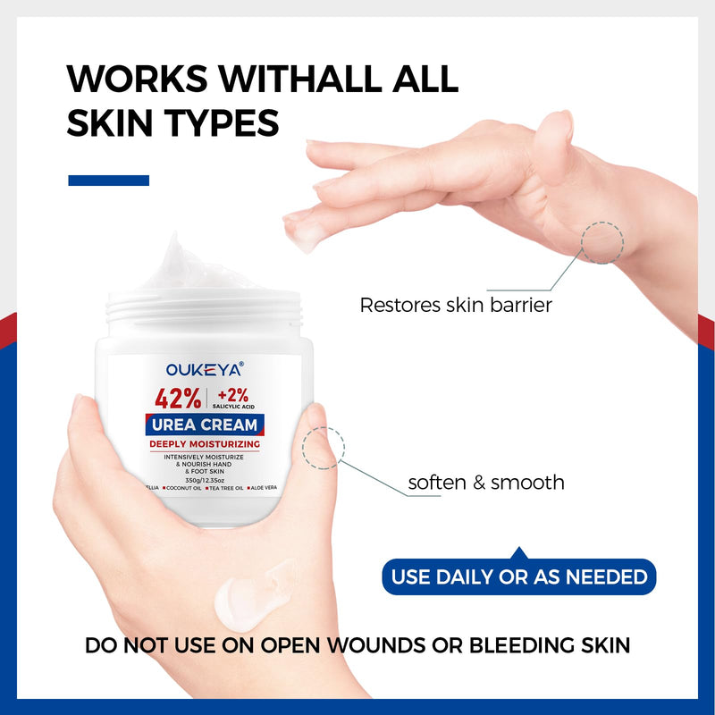 OUKEYA Urea Cream 42% plus Salicylic Acid 2% for Dry, Rough Skin | Foot Cream, Moisturize Lotion, Exfoliating, Feet, Hands, Heels Care, Elbows Knees, Softening, Nourishing,12.35 Oz 12.35 Ounce Pack of 1