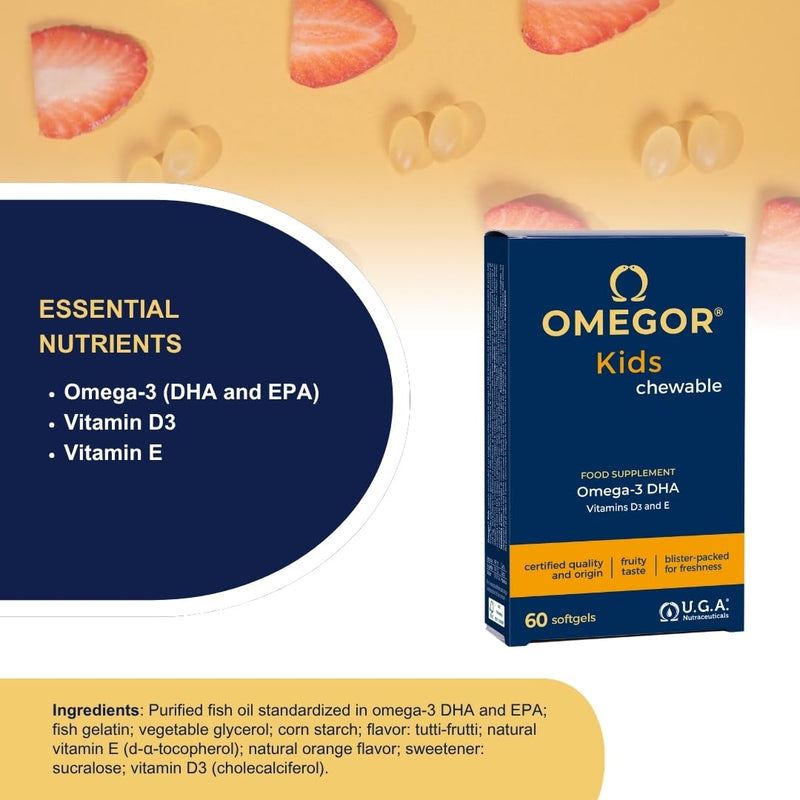 Omega 3 Kids OMEGOR - Omega3, 125mg DHA, Vitamin D3 and E for 3+ Children - Food Supplement for Brain, Eyes and Bones - 60 Fruit Flavoured Chewable Capsules