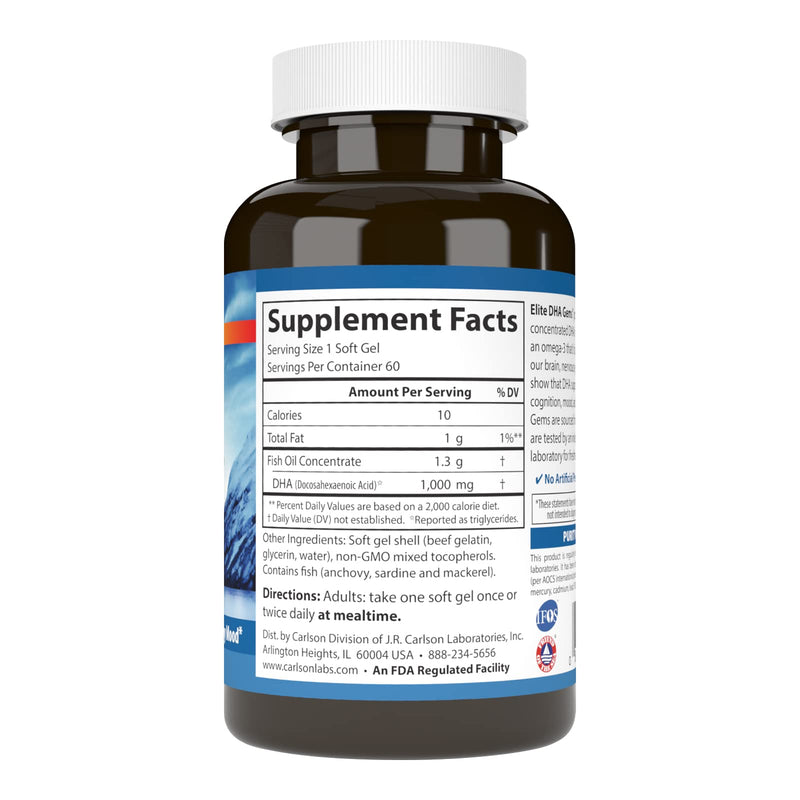[Australia] - Carlson - Elite DHA Gems, 1000 mg DHA, Wild Caught, Sustainably Sourced, Brain Function & Healthy Vision, 60 Softgels 60 Count (Pack of 1) 