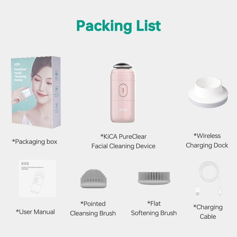 KiCA Facial Cleansing Brush with Dual Silicone Heads - Waterproof Electric Wash Device, Wireless Charging & Travel-Friendly for Deep Cleaning (Pale Pink)