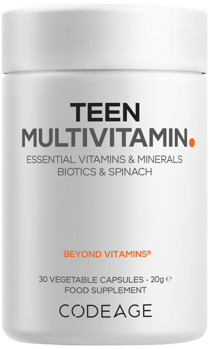 Codeage Teen Multivitamin Supplement - Vitamins A, C, D3, B6, B12, Folate, Zinc, Magnesium, Iron, 25B CFU Biotic Blend, Spinach - Multivitamins for Teenage Boys & Girls Age 13+, Non-GMO - 30 Capsules