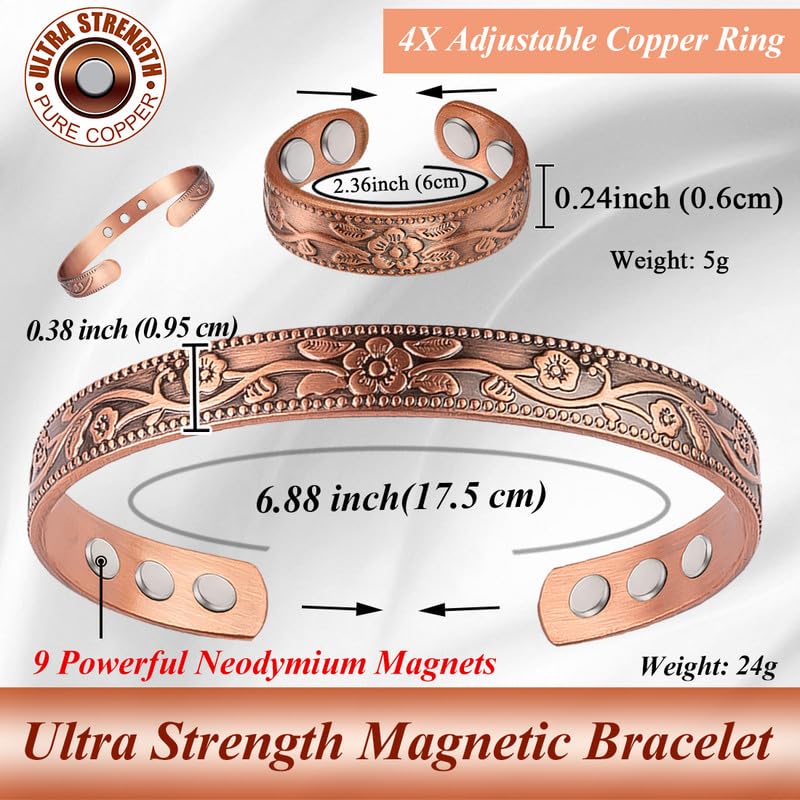 Copper Bracelets for Women and Copper Ring 99% Pure Copper Ring Bracelet Adjustable Size Bangle Christmas Gift Set (Copper) 9x Copper Plum+4x