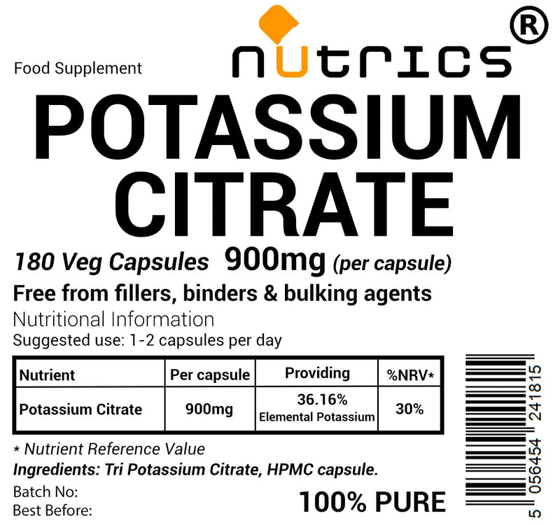 900mg (per Capsule) Potassium Citrate 180 Veg Capsules (6 Months Supply) 100% Pure - Free from fillers, Binders & Bulking Agents (180)