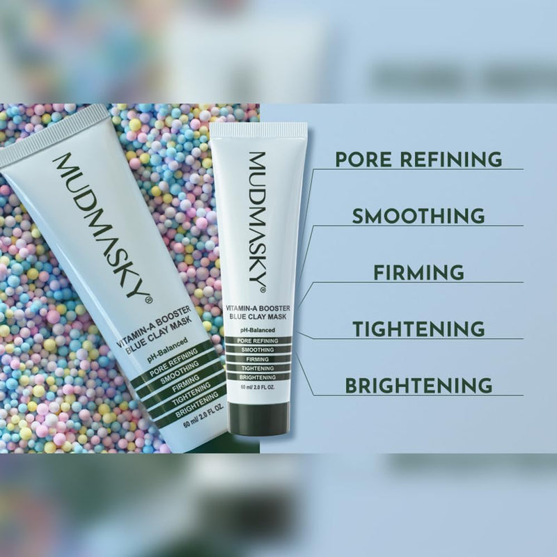 MUDMASKY Vitamin-A Booster Blue Clay Mask 60ml / 2.0FL - Natural Retinol Alternative with Bakuchiol, Skin Care for Pore Refinement, Tightening & Brightening - Fragrance-Free Beauty Face Mask