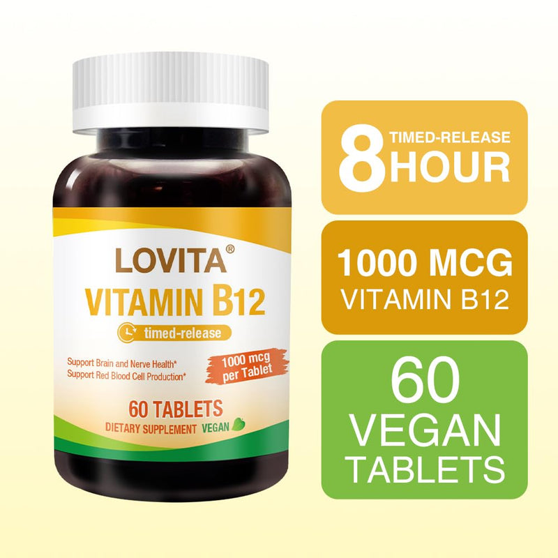 LOVITA Sustained-Release Vitamin B12 1000 mcg (as Cyanocobalamin), Timed Release, 60 Vegan Tablets for Brain & Nerve Health Support (Pack of 3) 60 Count (Pack of 3) New Package