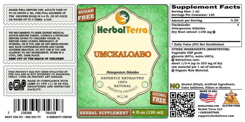 [Australia] - Umckaloabo (Pelargonium Sidoides) Glycerite, Dried Roots Alcohol-Free Liquid Extract (Brand Name: HerbalTerra, Proudly Made in USA) 4 fl.oz (120 ml) 