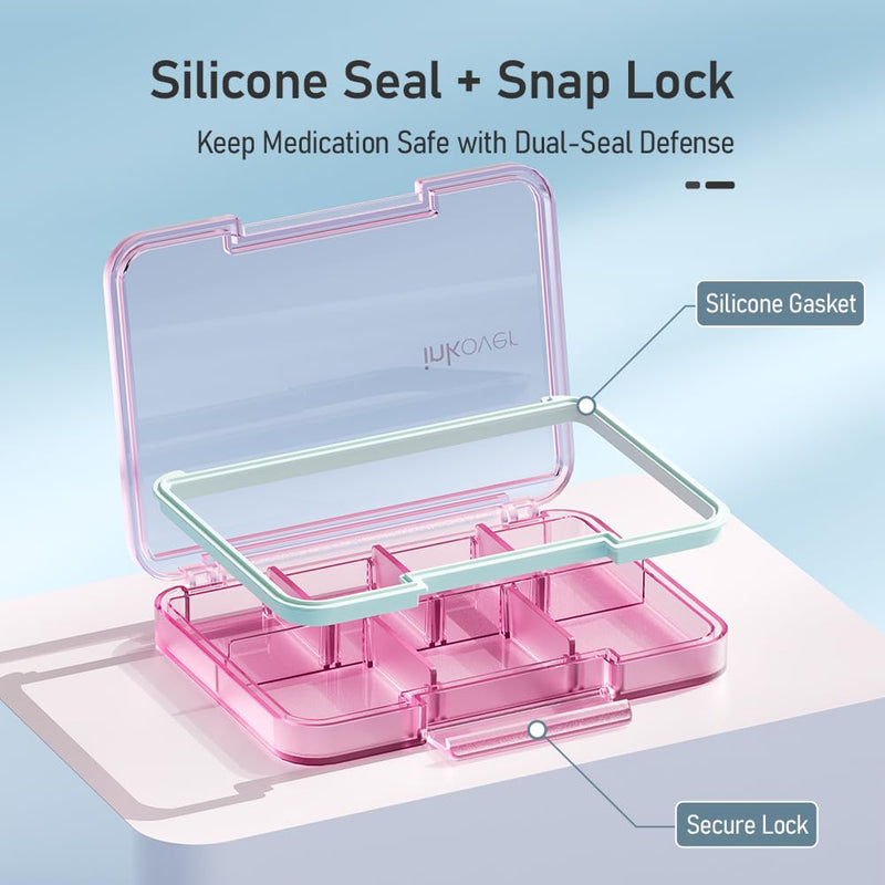 Small Pill Organizer, Travel Pill Case, 4 Compartments Black | Slim 0.65 in case for purse or pocket, with removable dividers, silicone seal and snap lock for daily tablets or capsules.