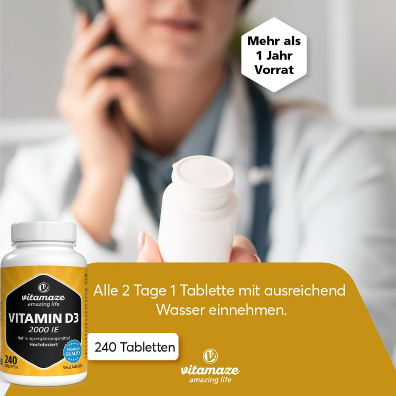 [Australia] - Vitamin D3 2000 IU high dose, supply for over 1 year, 50 mcg pure cholecalciferol per 2-day dose, sunshine vitamin for bones and immune system, Made in Germany Vitamin D3 2,000 IU 