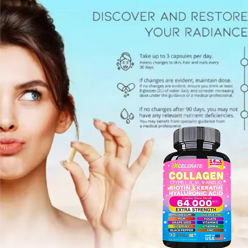 14 In 1 Collagen Blend Supplement - Peptides Types l II III V X Biotin Keratin Hyaluronic Acid Folate Zinc Quercetin Apple Cider Vinegar Magnesium Grape Seed Extract Hair Skin Nail Health Support